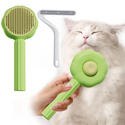 KIWOP 2 Piezas Cepillo para Gato, Autolimpiante Cepillos de Aseo para Mascotas+Removedor de Cabello, Cepillos Pelo Gato Inoxidable con Puntos de Goma, para Perros y Gatos de Pelo Corto o Largo