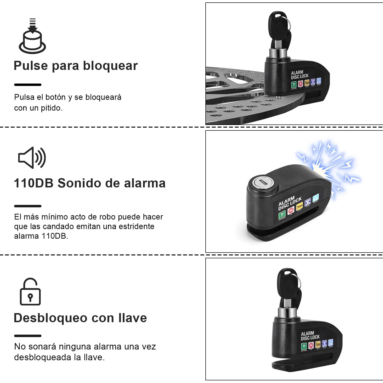 Kayoosi Candado de Alarma Para Moto, Alarma de Freno de Disco de 110 Db con Sensor de Movimiento y Cable de Alarma de 4,3 Pies, Impermeable y Antirrobo, Compatible con Vehículos con Llantas de Disco