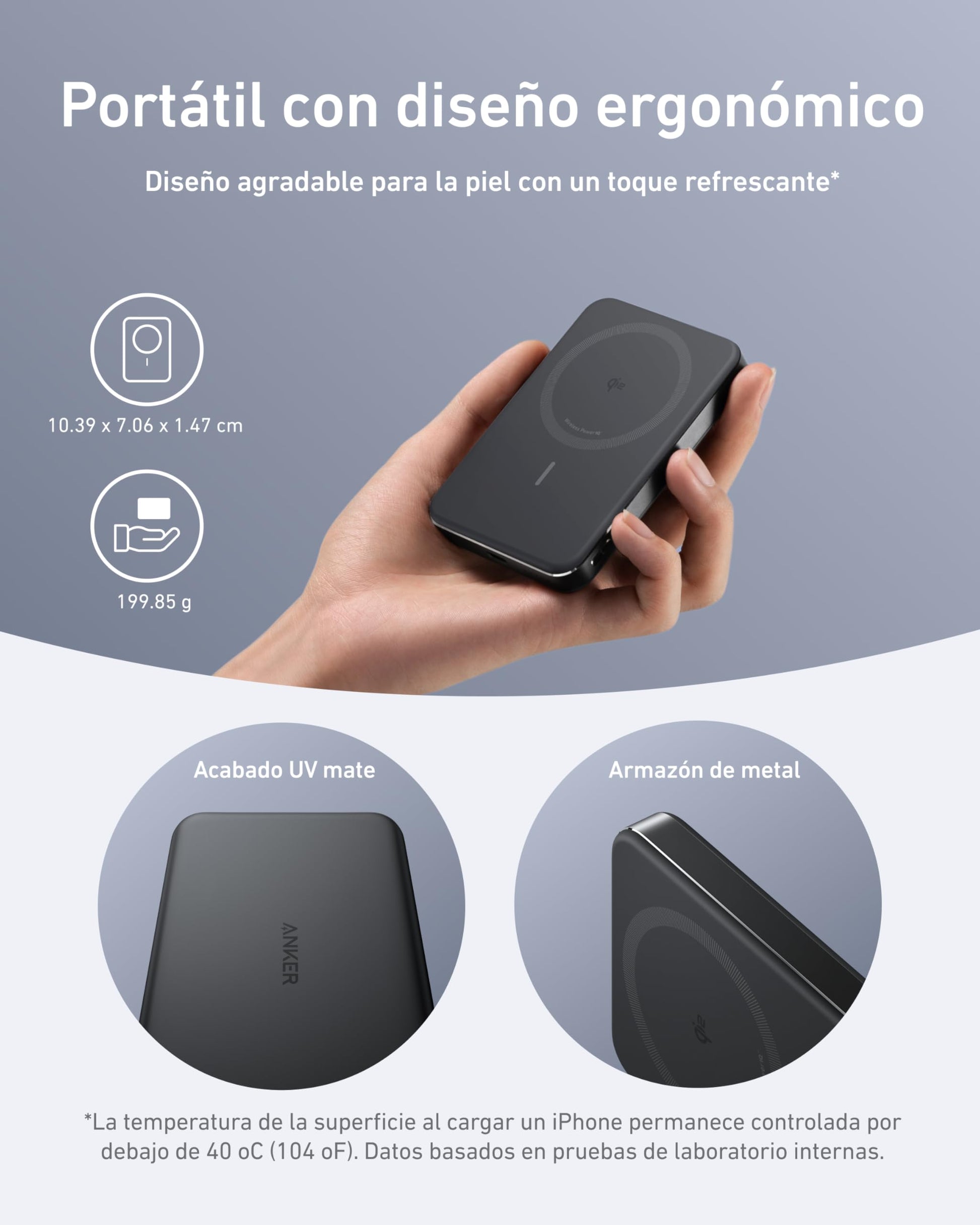 Batería Portátil Anker Negra Ultra Delgado 10000mAh con Carga Rápida y Cargador Inalámbrico para iPhone Serie 16/15/14/13/12