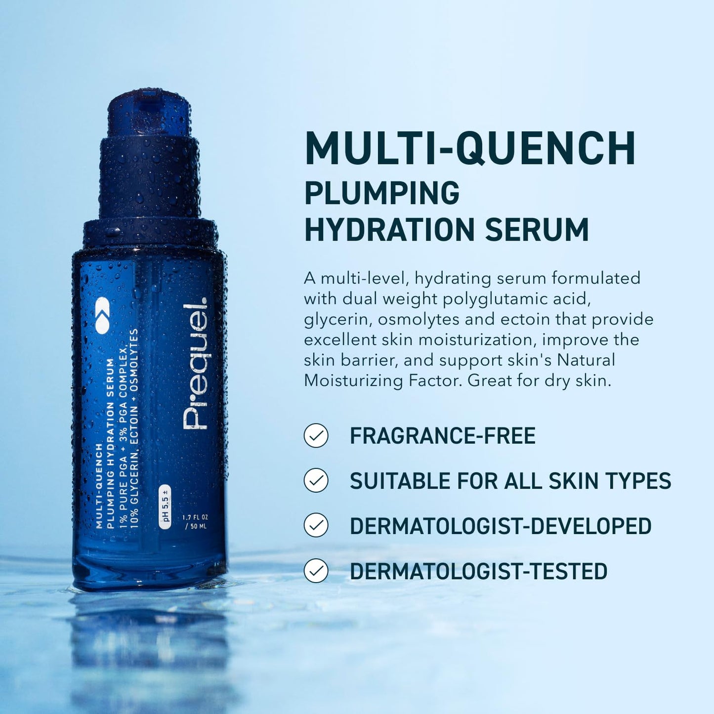 Suero hidratante y humectante Skin Multi Quench Plumping Hydration Serum para el rostro, con mezcla de PGA, glicerina y osmolitos, 1,7 onzas líquidas