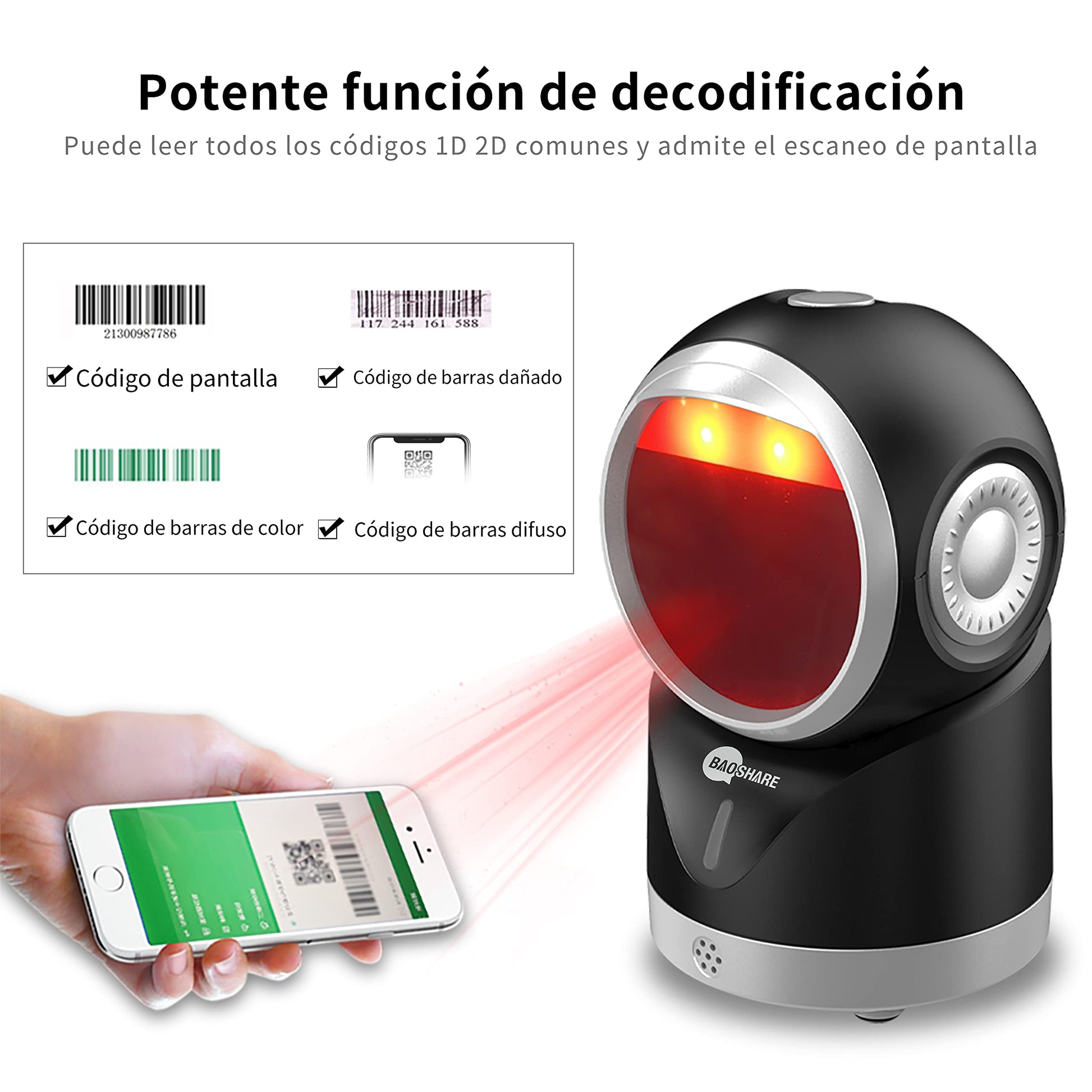 BAOSHARE Escáner de código de Barras de Escritorio 1D 2D QR, Lector de código de Barras USB automático Manos Libres omnidireccional