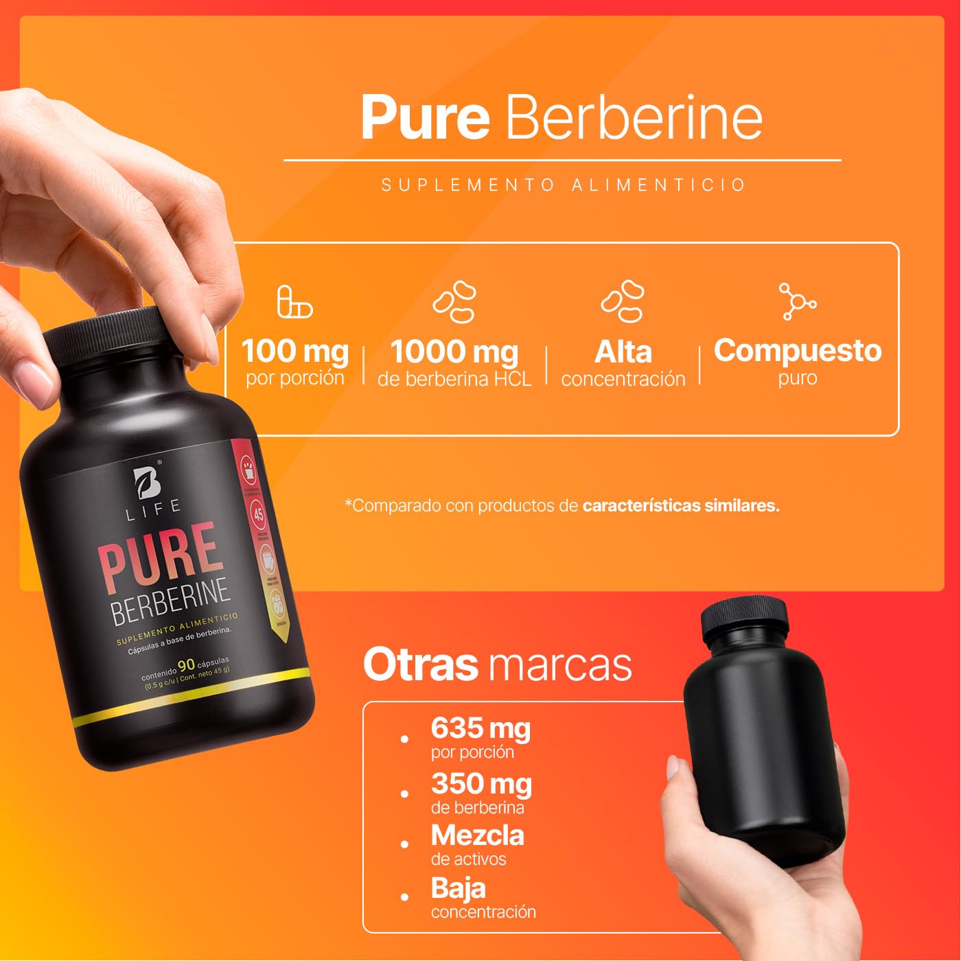 B Life Berberina HCL Pura | 90 Cápsulas | 1000 mg por porción | Ingredientes Naturales | Pure Berberine.