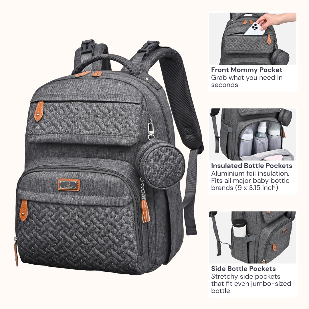 BabbleRoo - Mochila para pañales grande de viaje para bebé con cambiador, bolsas impermeables para bebé para mamá y papá, bolsas unisex con estuche para chupete, correa de equipaje y clips para
