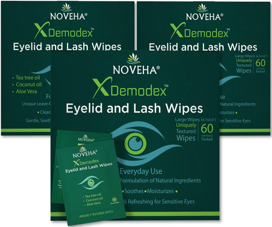 NOVEHA- Toallitas limpiadoras para párpados y pestañas Demodex | Caja de 60 toallitas limpiadoras para pestañas extrafuertes envueltas individualmente