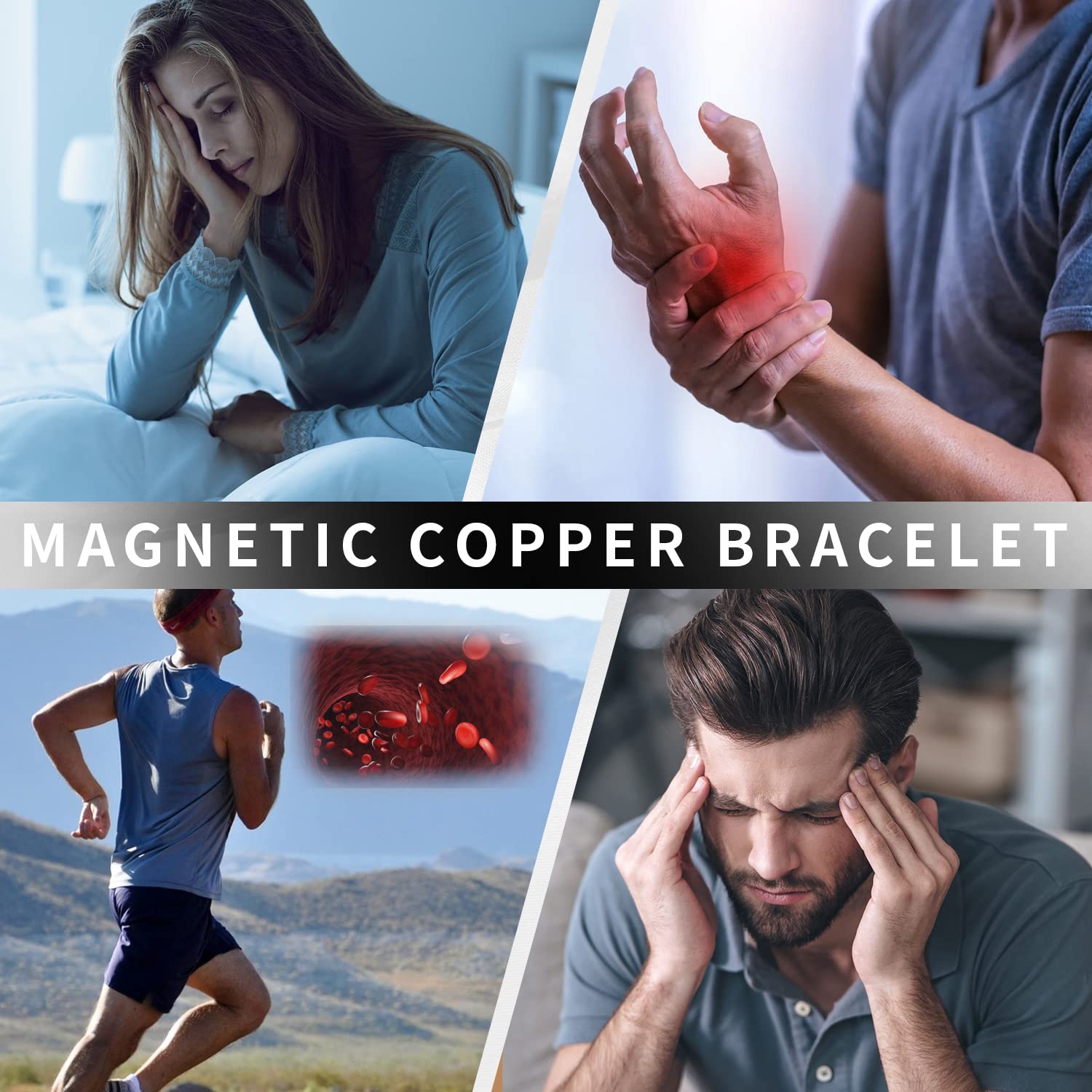 MagEnergy - Pulsera de cobre para hombre, 3 pulseras magnéticas de 99,99% cobre puro, pulsera ajustable con herramienta de tamaño, 9inches, Cobre, No es una piedra preciosa
