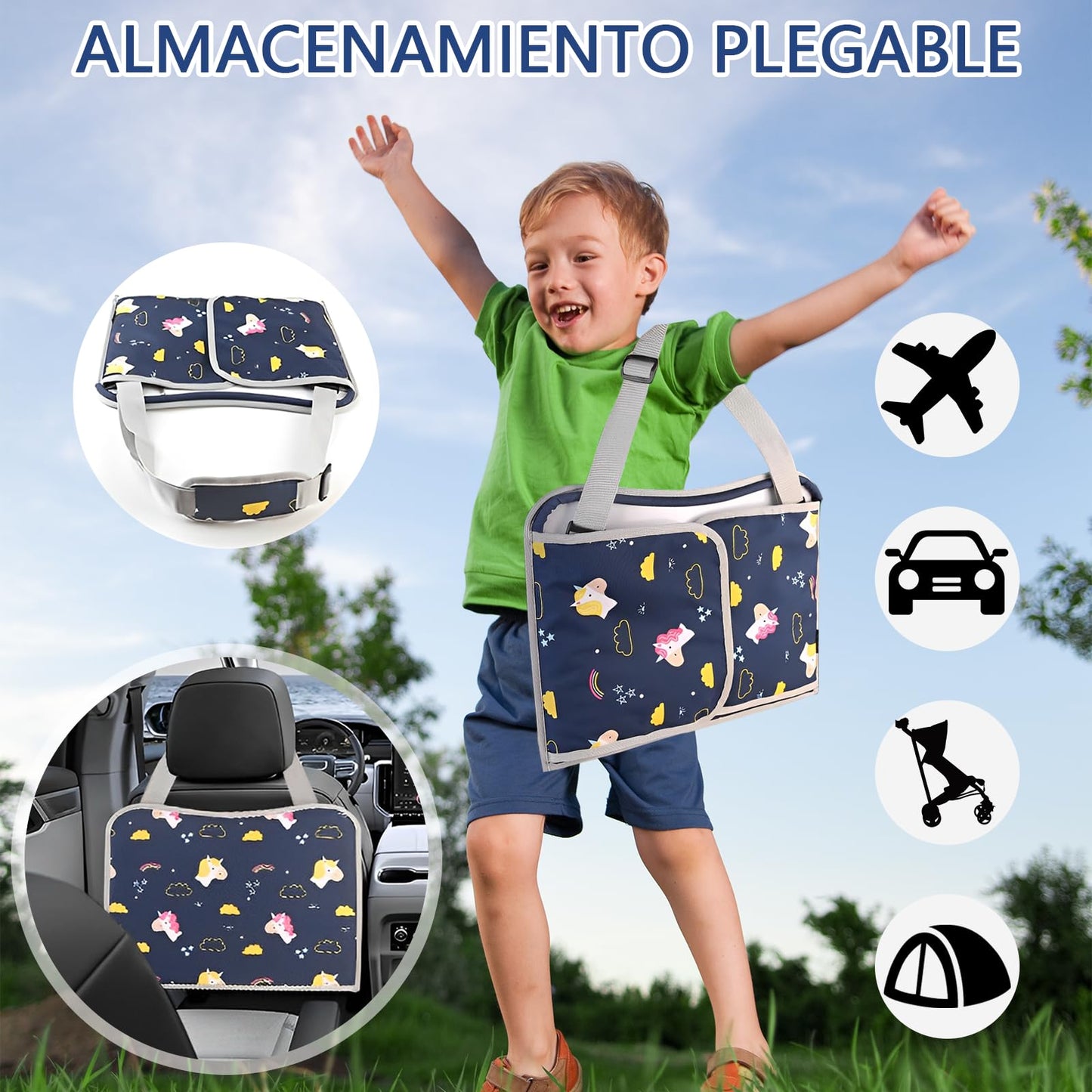 TDVCVZSD Mesa de actividades de viaje para niños,bandeja para asiento automóvil,con kit de pintura y bolsa almacenamiento,plegable y con almacenamiento,imprescindible para viajar automóviles y aviones (Pegaso + Dragón Azul)