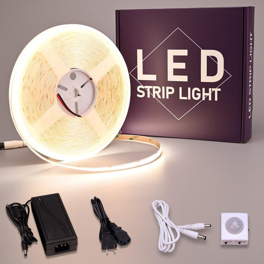 GOMING 24V 10M Sensor de Movimiento COB LED Tira de Luz Blanco Natural 4000K CRI 93+ IP20 No Impermeable con 24V 3A Adaptador de Corriente para Armarios de Cocina Escalera Escaparate Dormitorio Cama