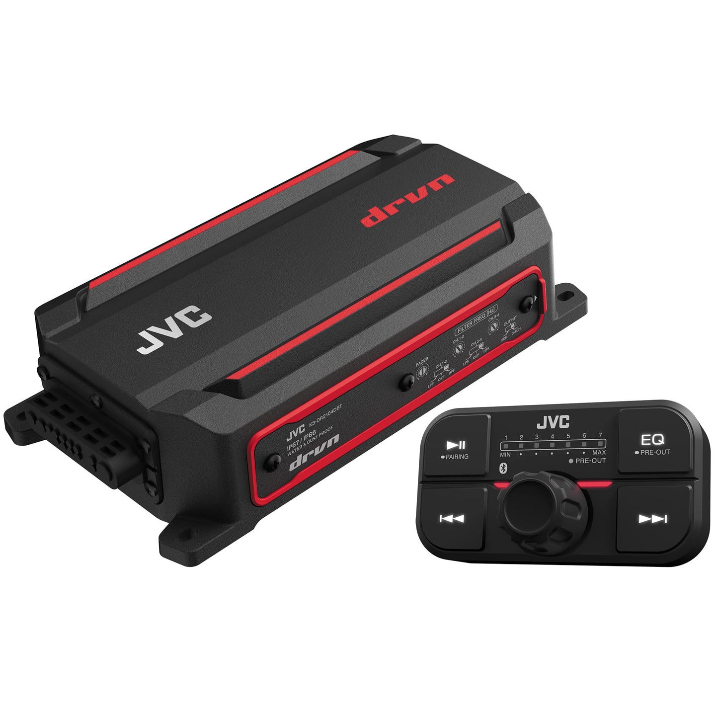 Amplificador Compacto JVC Ks-Dr2104Dbt 600 Vatios Bluetooth resistente al Agua, Polvo y Óxido para Marine, ATV y Powersport