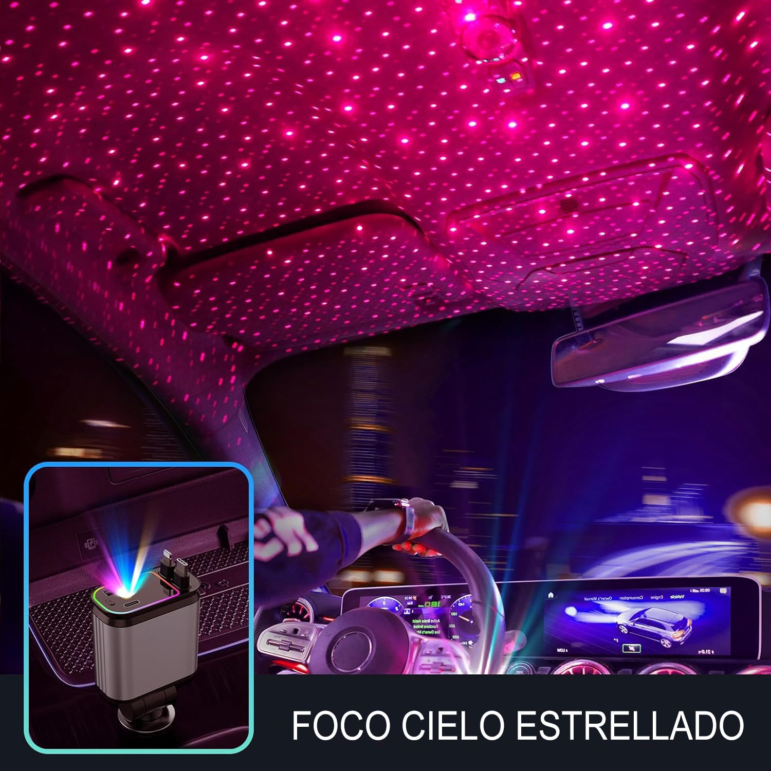 HSZSXJK Cargador de Coche con Starlight, Cargador USB C 4 en 1 de 66 W, Cables retráctiles (80cm) y Adaptador de Cargador de Coche, Compatible con iPhone 15/14/13/12/11 Pro MAX, Galaxy
