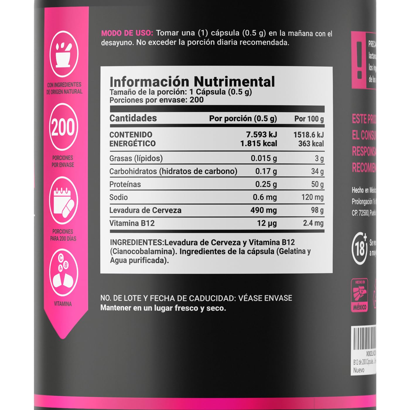 Vitamina B12 B Life Levadura de Cerveza 200 Cápsulas Ingredientes Naturales