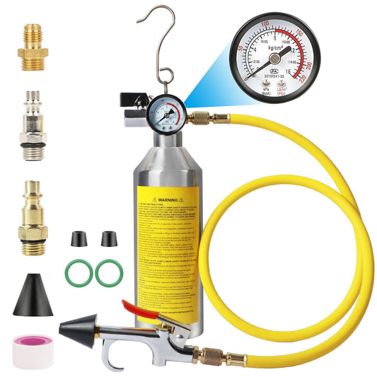 Kit de descarga de CA para sistemas de CA para automóviles y domésticos, juego de herramientas de limpieza de aire acondicionado con manómetro, manguera de nailon y recipiente de acero inoxidable para