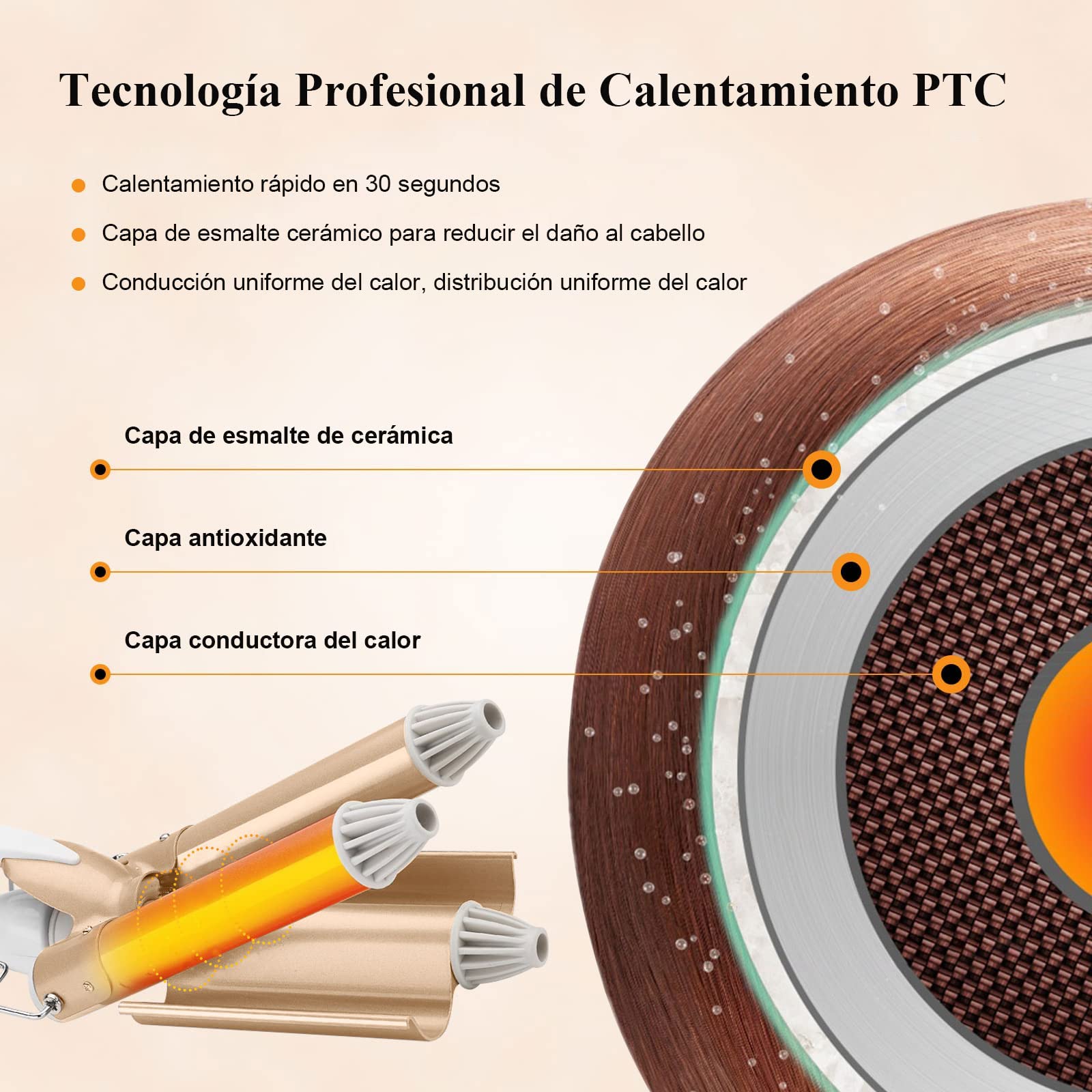 Rizador de Pelo,25mm Rizador De Cabello Ondas Cerámica 3 Barriles,Rizador para Cabello,Ondas Cerámica con Temperatura Ajustable, Calienta Rápidamente para Mujer en Casa y Viaje, Cabello Largo o Corto Herramientas de Peinado,Oro