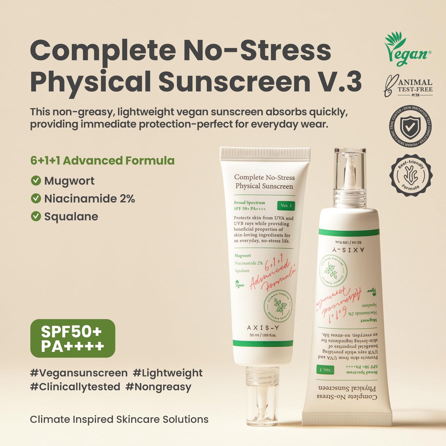 AXIS-Y COMPLETE NO-STRESS PHYSICAL SUNSCREEN 50ML- PROTECTOR SOLAR SPF 50+ PA ++++ - Protector solar con 2% de niacinamida y péptidos para proteger del sol, reducir manchas y prevenir arrugas - Con óxido de zinc seguro para los arrecifes 50ml