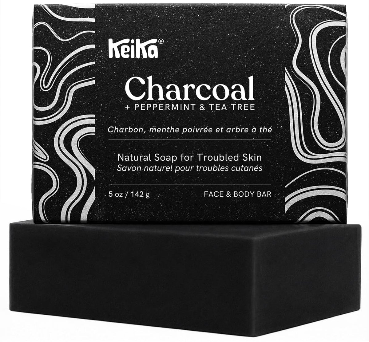 Keika Naturals Barra de jabón negro carbón para acné, eczema, psoriasis, cara, cuerpo, hombres mujeres adolescentes con piel grasa, 5 onzas, 1-paquete