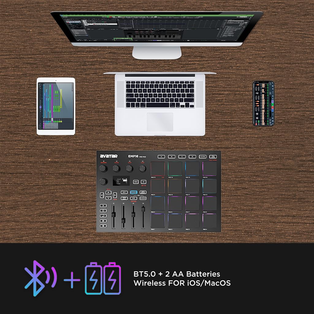 HXW EMP16 MIDI Pad Controller Beat Maker Machine con Bluetooth, 16 almohadillas para orejas de ritmo sensibles a la velocidad RGB, 16 niveles, completo/medio nivel, visualización OLED, entrada y