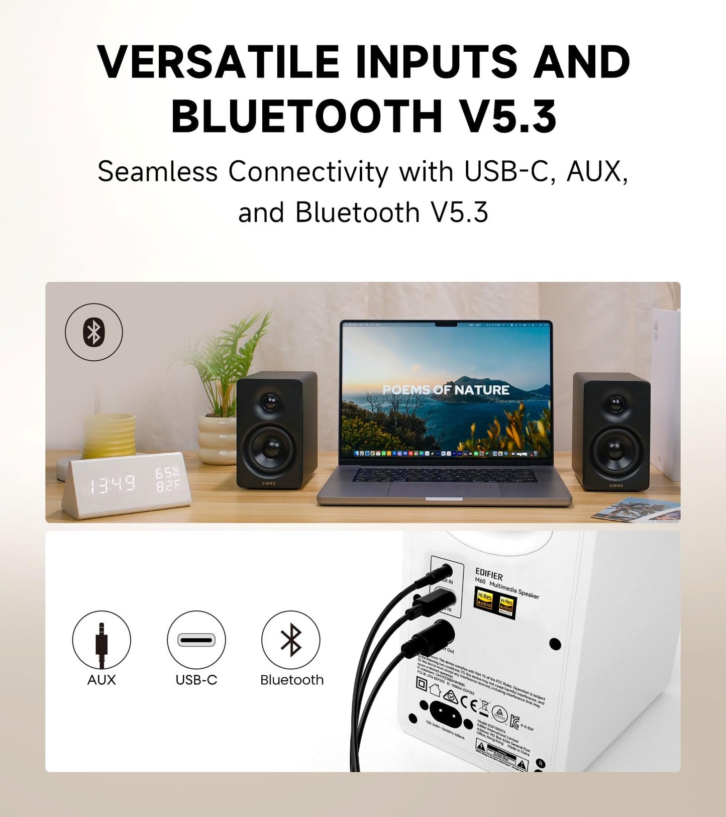 Edifier M60 - Altavoz multimedia Bluetooth 5.3, 66 W RMS, audio de alta resolución y audio inalámbrico de alta resolución, LDAC, bajo medio de 3 pulgadas y altavoz de agudos de 1 pulgada, entradas