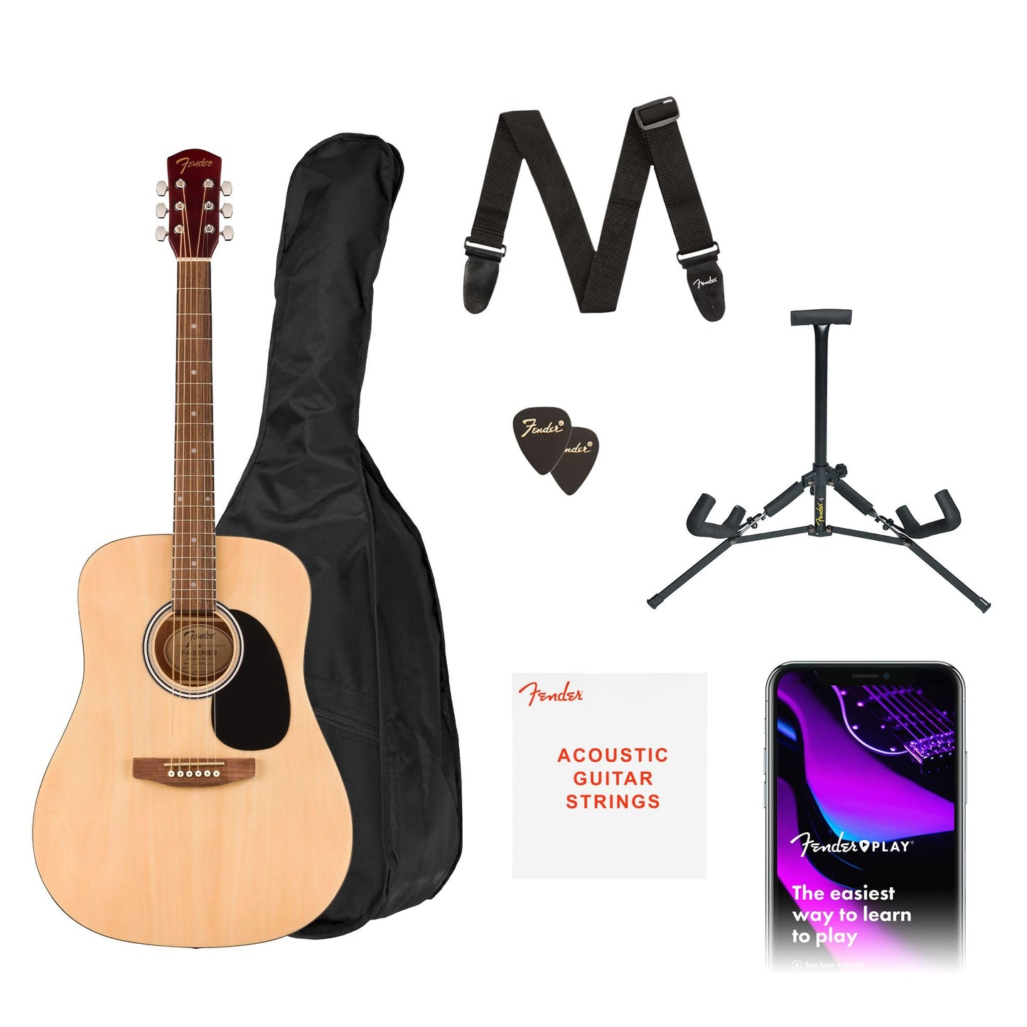 Fender Alternative Series Dreadnought Kit de guitarra acústica para principiantes, con 2 años de garantía, incluye bolsa acolchada para conciertos, soporte para guitarra, correa de guitarra y más