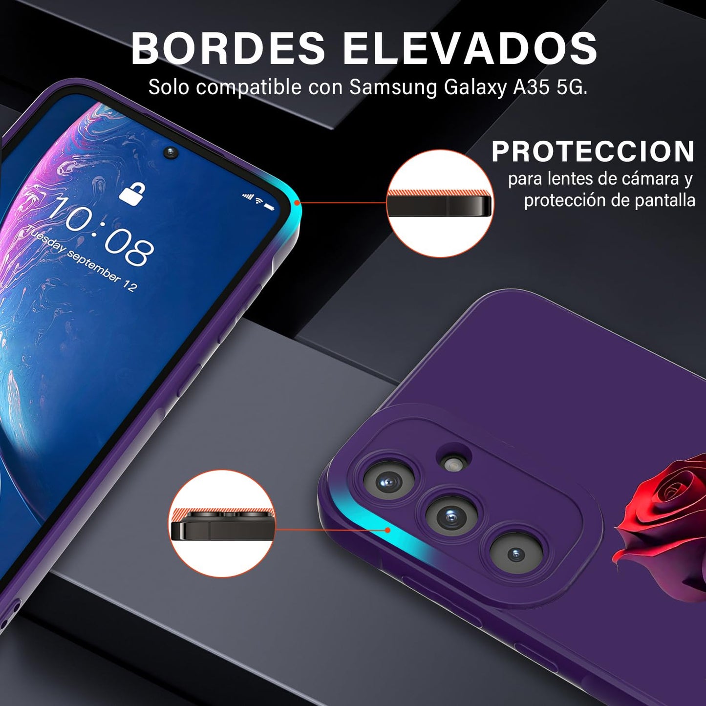 Threehao Funda para Samsung Galaxy A35 Case Uso Rudo, Ultra Delgado Flexible Silicona Púrpura Carcasa con Aesthetic Dibujos Flores, Antigolpes Anti-arañazos Protectora