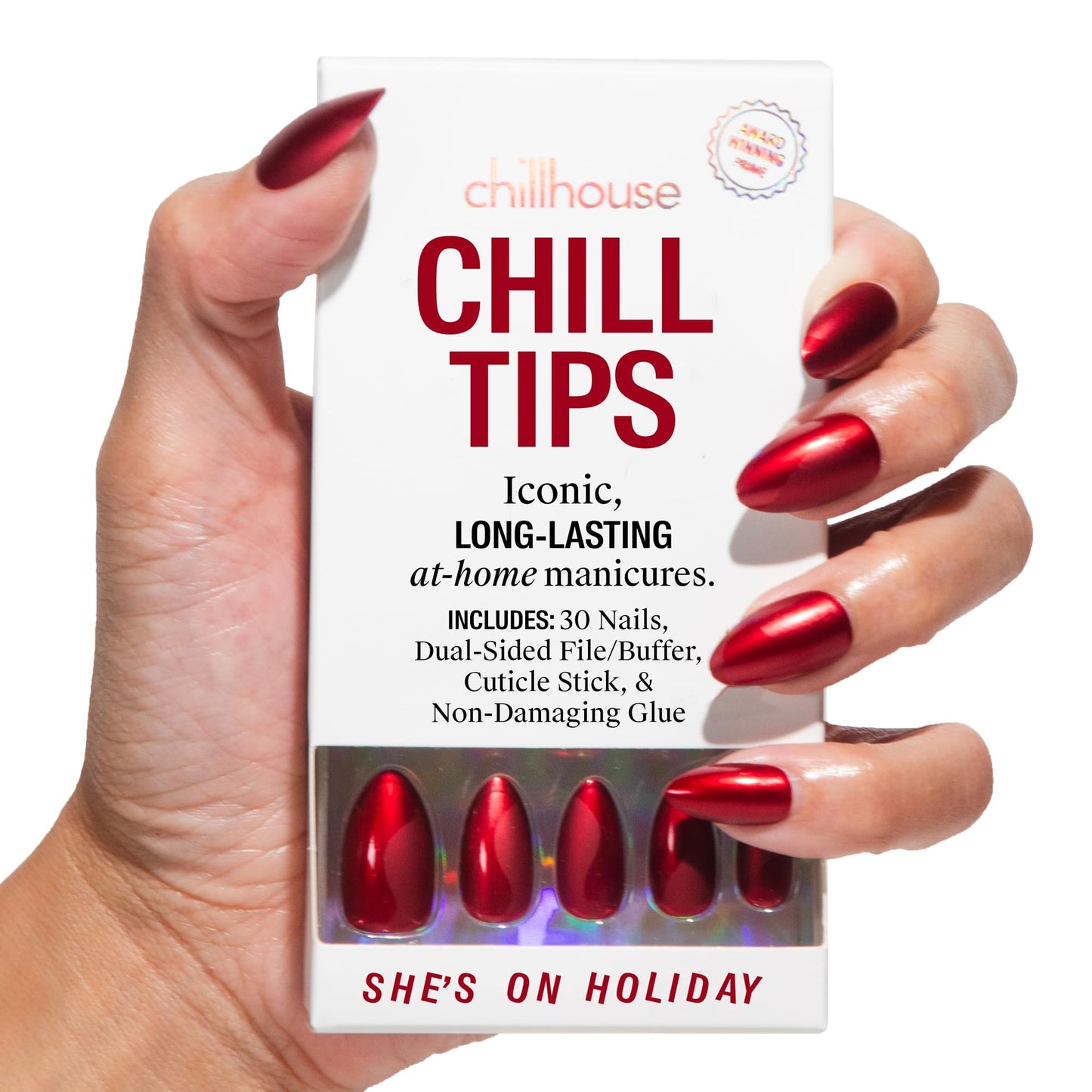 Chillhouse- Kit de uñas postizas Chill Tips Signatures, She's On Holiday: 24 formas y tamaños de uñas, pulido de doble cara