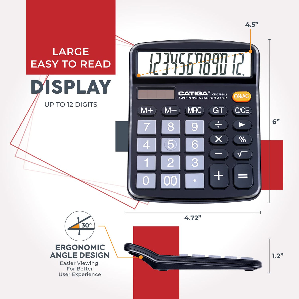 Calculadora CATIGA LCD Grande Solar y Batería Dual para Oficina, Hogar, Escuela