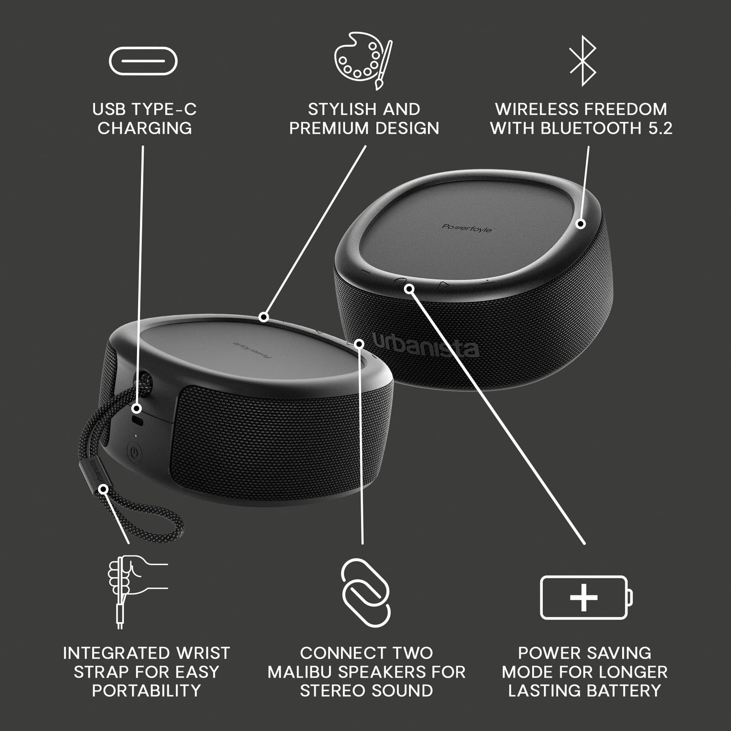 Urbanista Malibu - Altavoz Bluetooth Solar Pequeño, altavoz portátil inalámbrico de 20 W, tiempo de reproducción infinito, altavoz impermeable IP67 para exteriores, viajes, altavoces de doble