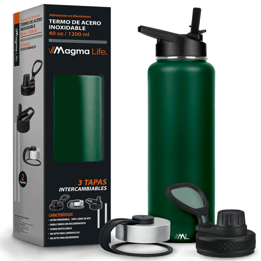 Magma Life Termo para Café y Agua de Acero Inoxidable 40 Oz (1200 ml): Contiene 3 Tapas para Diferentes tipos de Bebidas, Ideal para Mantener la Temperatura Deseada (Olive)