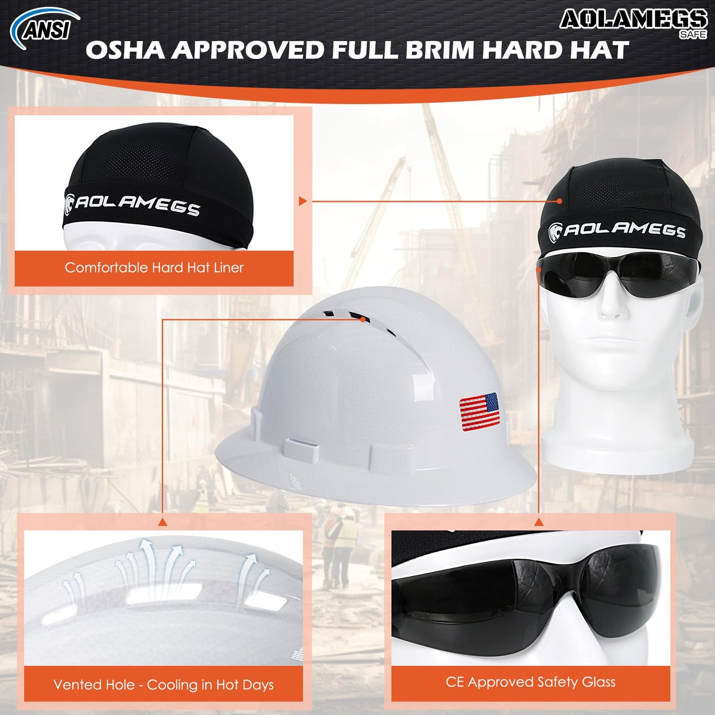 Casco de ala completa de fibra de carbono blanco brillante con gafas de seguridad y forro para hombres y mujeres, OSHA construcción, casco de seguridad con correa de barbilla y visera solar