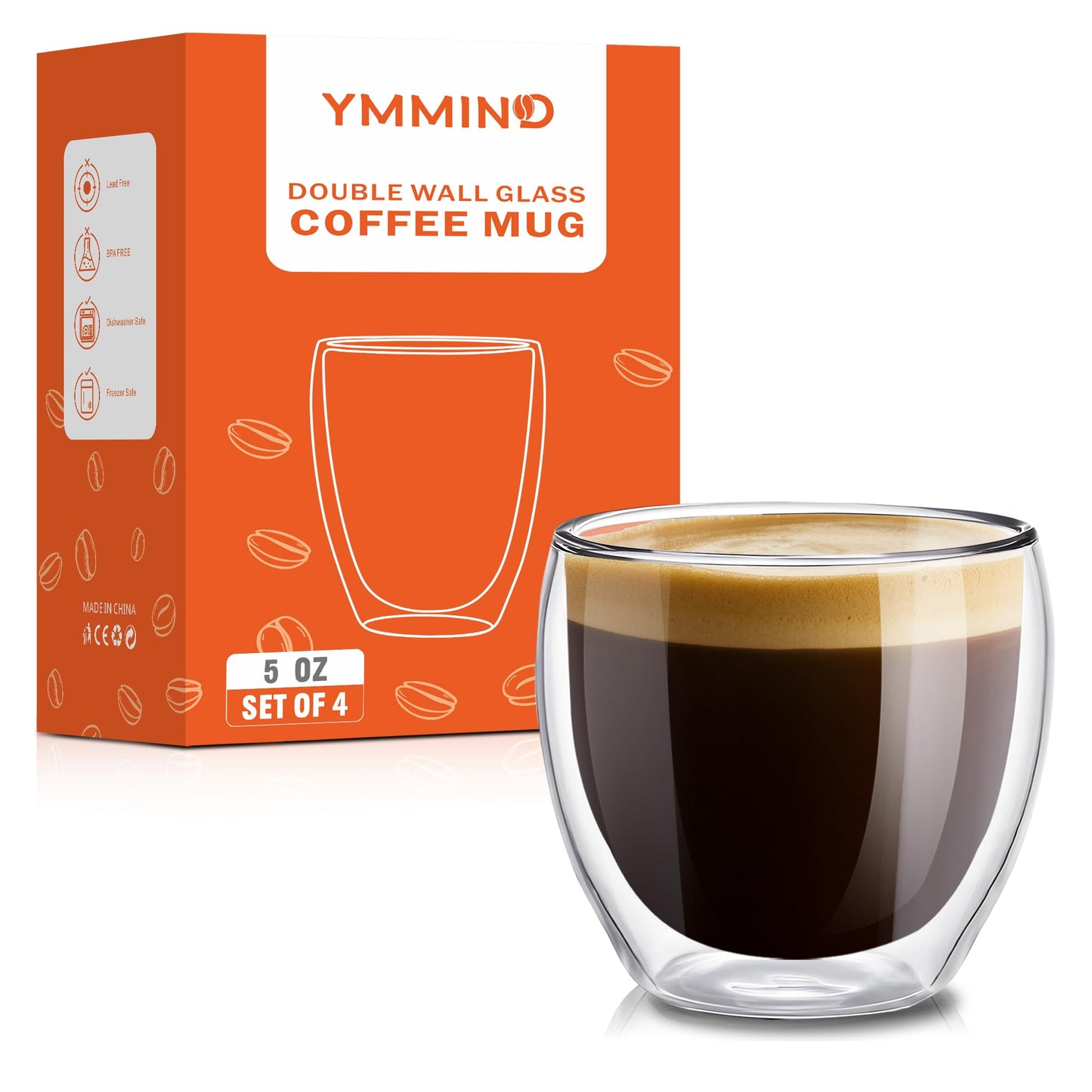 Juego de Tazas de Café YMMIND Transparente con Doble Pared para Bebidas Calientes (Juego de 4)