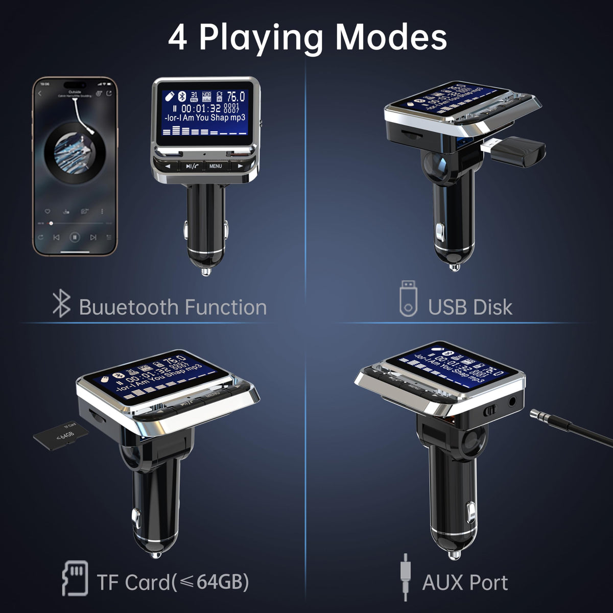Transmisor FM WYYHAA Bluetooth 5.0 Negro con Reproductor de Música y Cargador para Coche