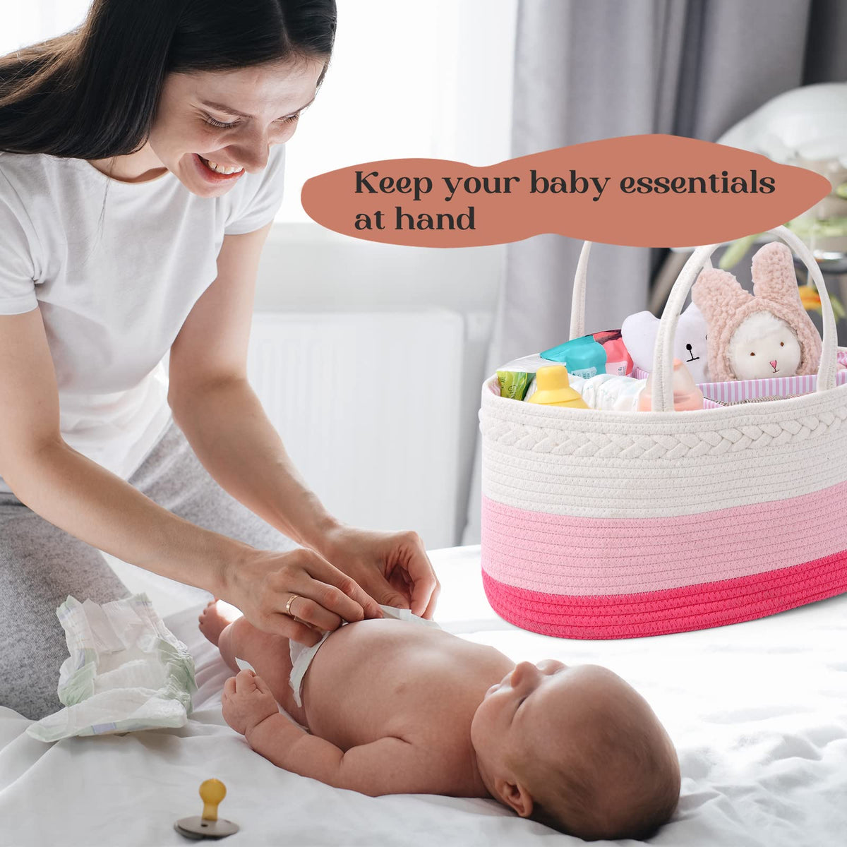 luxury little Organizador de pañales para bebé, cesta de pañales extragrande con cuerda de algodón para guardería, organizador de cambiador, bolsa portátil con divisor, almacenamiento de coche, regalos de baby