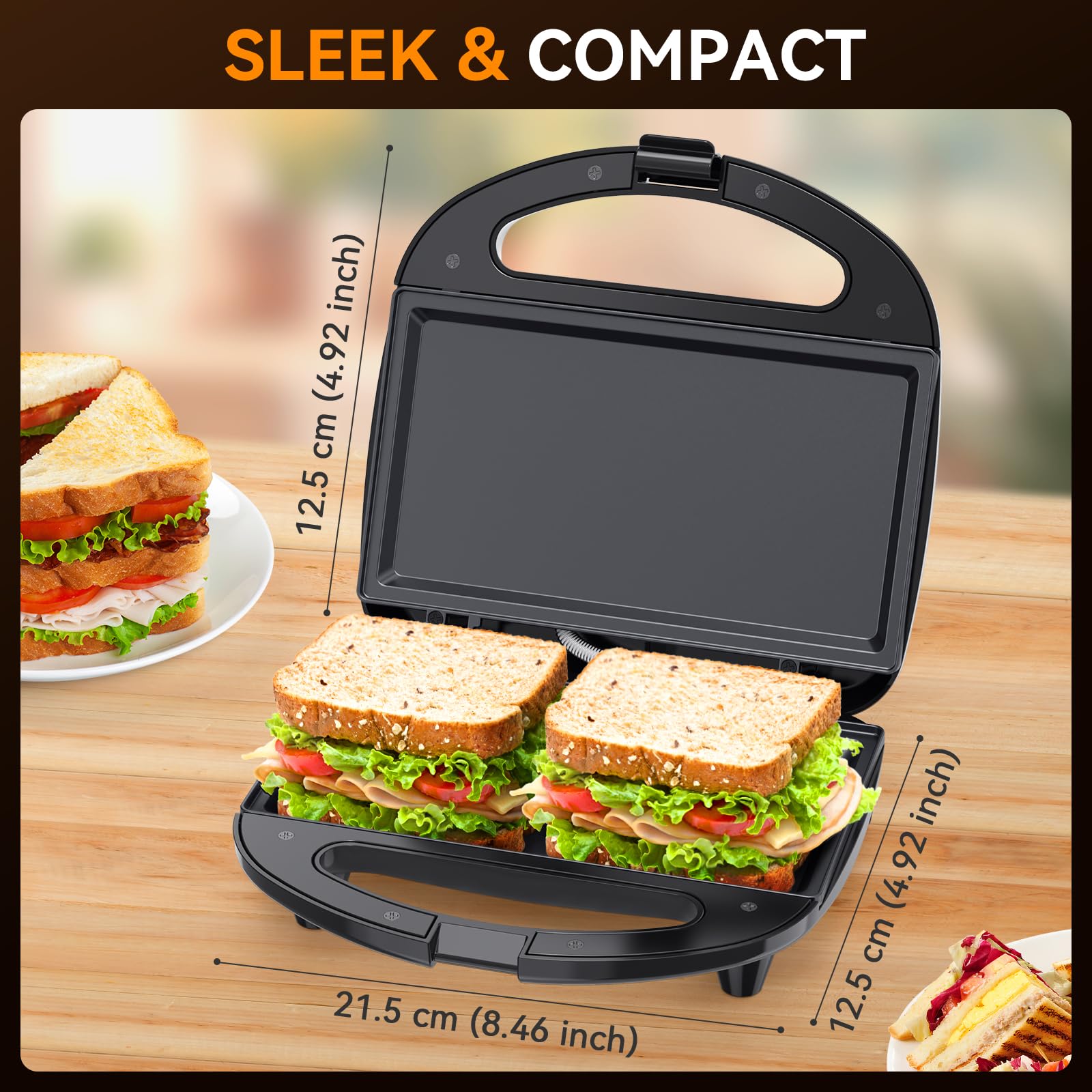 Sandwichera Eléctrica Snailar Negro con Placas Antiadherentes y Mango Cool Touch Multifuncional