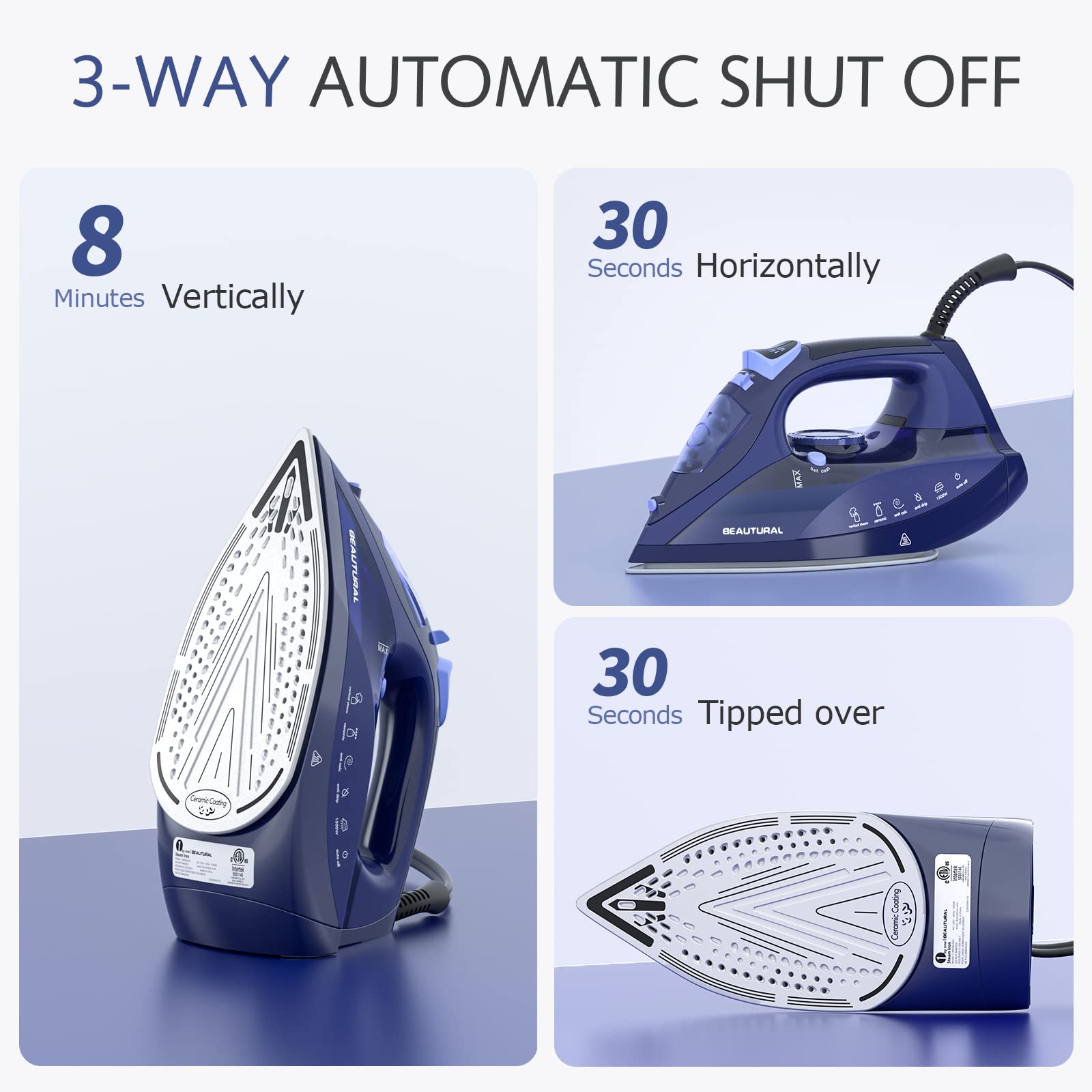 BEAUTURAL Plancha de vapor para ropa con esfera de termostato de precisión, suela recubierta de cerámica, 3 vías, auto-limpieza, anticalcio, antigoteo