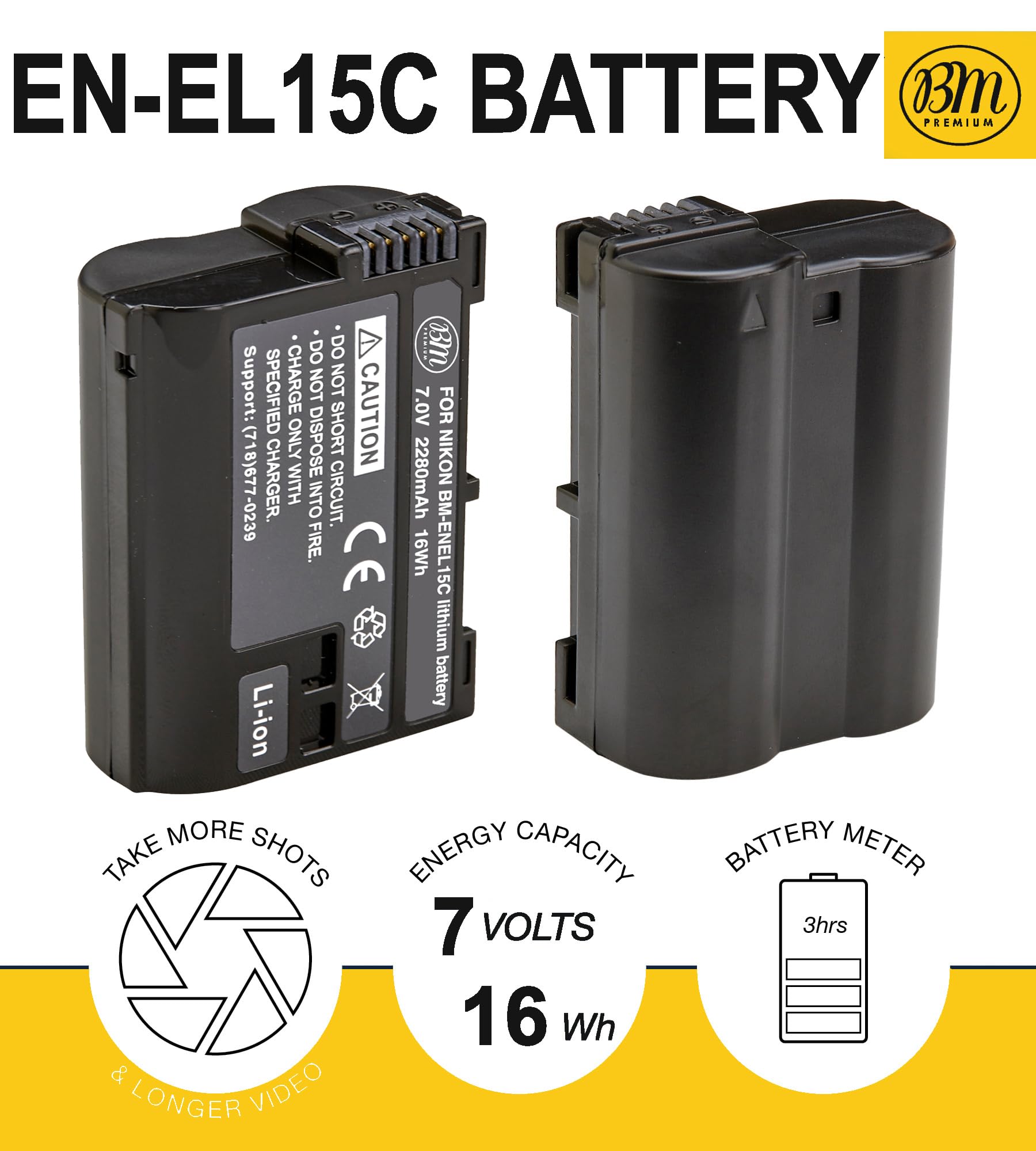 BM Premium - Paquete de 2 baterías EN-EL15C de alta capacidad para Nikon Zf, Z5, Z6, Z6 II, Z7, Z8, Z7II, D780, D850, D7500, 1 V1, D500, D600, D610, D750, D800, D810, D81010000000 A, D7000 A, 0,