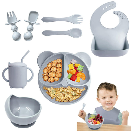 ALIYU Platos para Bebe Silicon 8PCS, Kit Alimentación Complementaria Bebe, Plato para bebe con ventosa, Baberos de silicona para bebe, Sin BPA, Fácil de limpiar, Vajilla bebe silicona (Gris)