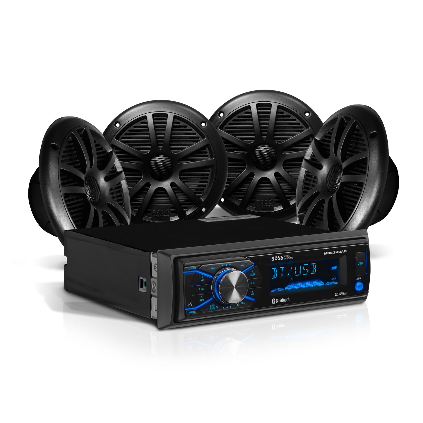 Boss Audio Systems MCBK634B.64 Paquete de Altavoces Receptor Marino Resistente a la Intemperie – Receptor MR634UAB, USB, Radio Am/FM, sin Reproductor de CD, Audio Bluetooth, Cuatro Altavoces MR6B de