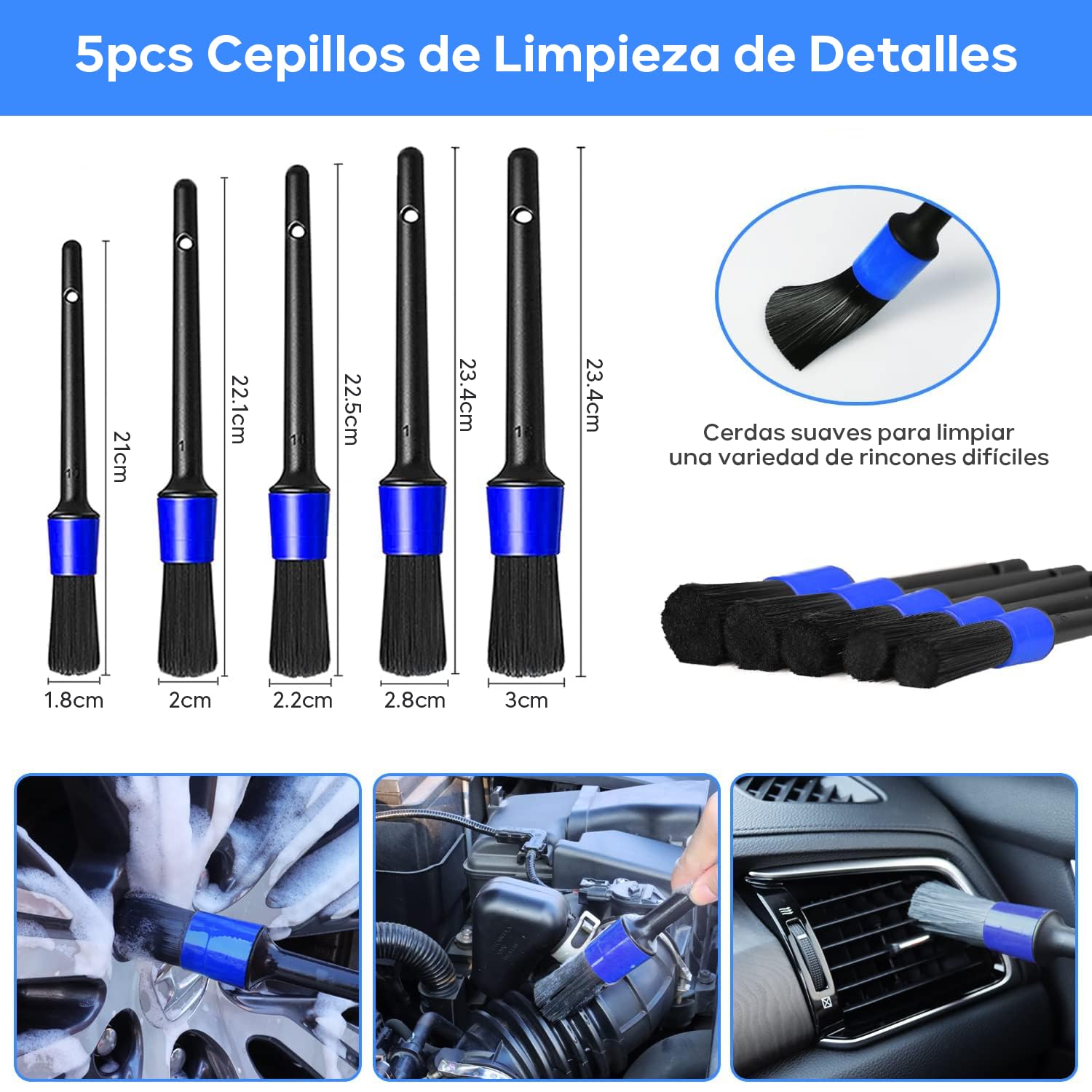 Juego de Cepillos para Limpieza de Coches Profesional con Bolsa de Almacenamiento, para Interior, Exterior y Ruedas