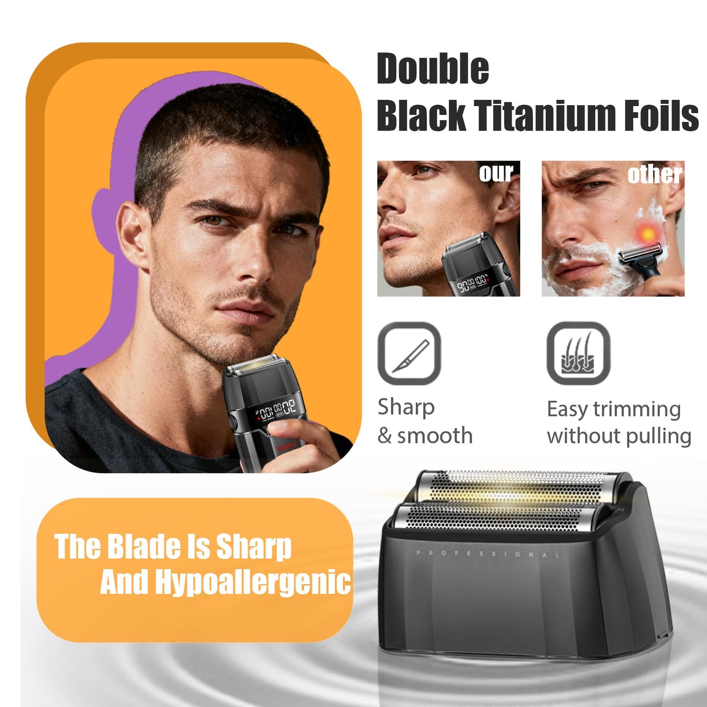 VGR 308 - Afeitadoras eléctricas para hombres, afeitadora profesional de doble lámina de 9000 RPM con láminas de titanio, pantalla LED, maquinilla de afeitar eléctrica recargable por USB para hombre