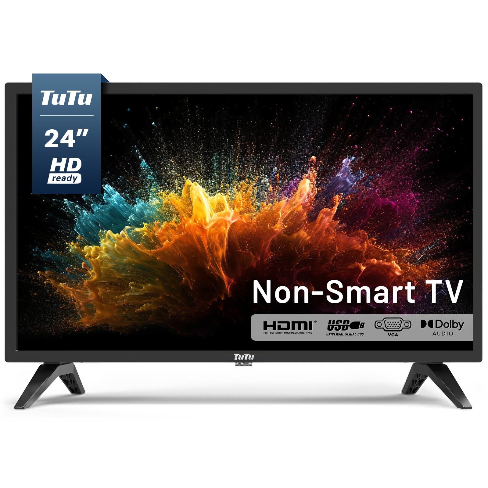 Televisor LED HD 720P TuTu 24 Pulgadas Pantalla Plana con Audio Dolby y Altavoces de Doble Canal