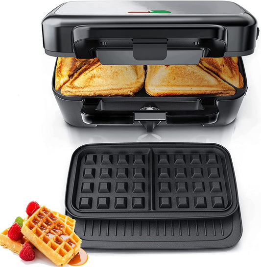 FOHERE Waffle Maker 3 en 1 Sandwichera Prensa Panini de 1200 W con placas extraíbles y control de temperatura de 5 engranajes, revestimiento antiadherente, fácil de limpiar, luces indicadoras,