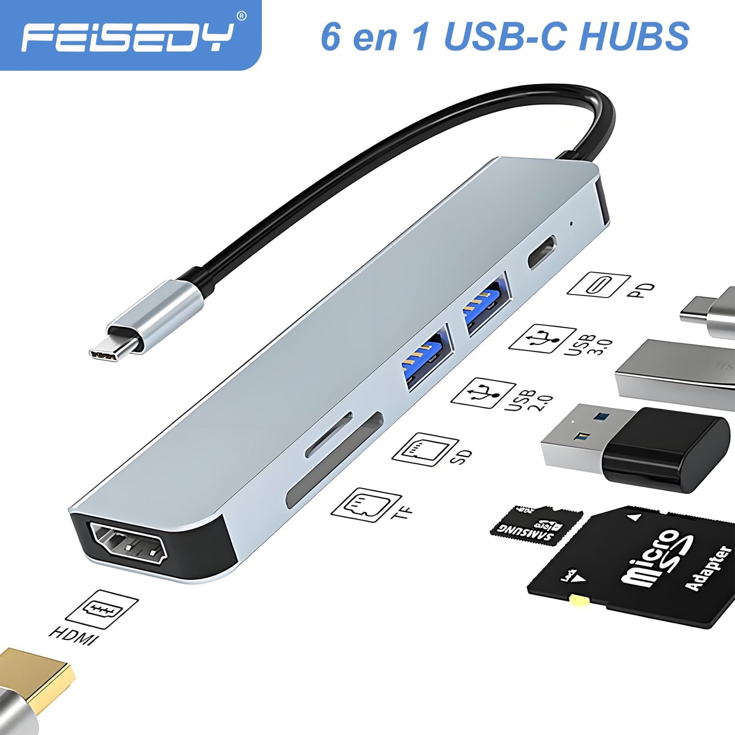 FEISEDY Hub 6 en 1 USB-C con Carga Rápida PD 100W, HDMI 4K, Lector Dual SD/TF y 2 Puertos USB 3.0 - Adaptador Multifunción para MacBook, Windows y Dispositivos Tipo C