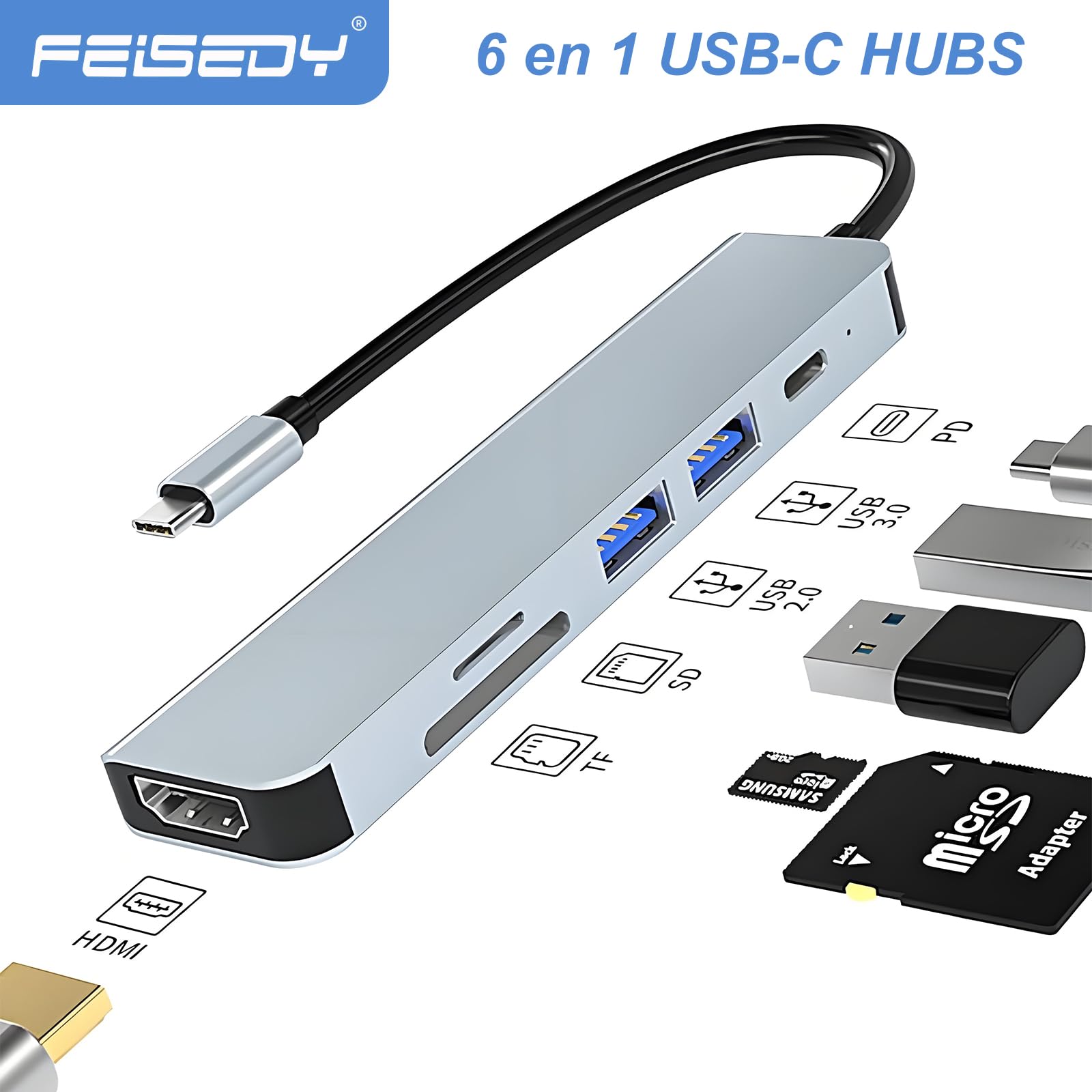 FEISEDY Hub 6 en 1 USB-C con Carga Rápida PD 100W, HDMI 4K, Lector Dual SD/TF y 2 Puertos USB 3.0 - Adaptador Multifunción para MacBook, Windows y Dispositivos Tipo C