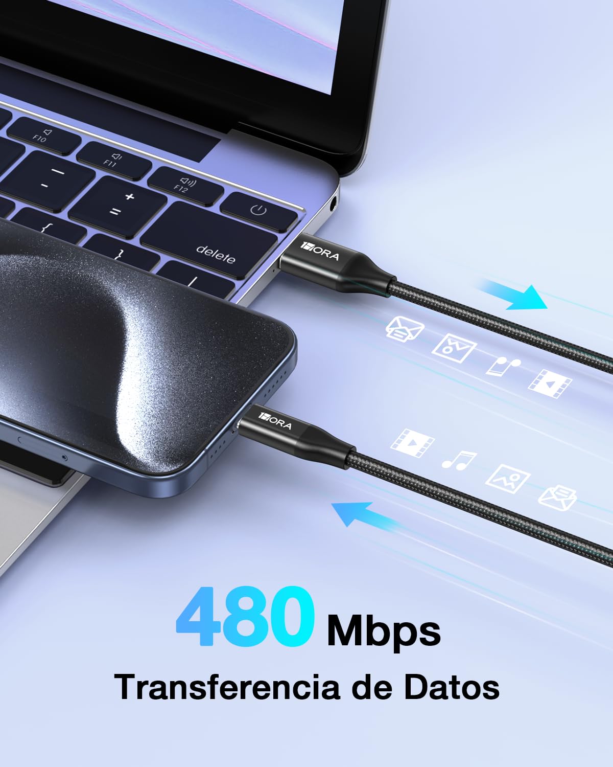 Cable USB C a USB A 1 Hora Nylon Tejido Carga Rápida 60W 1M