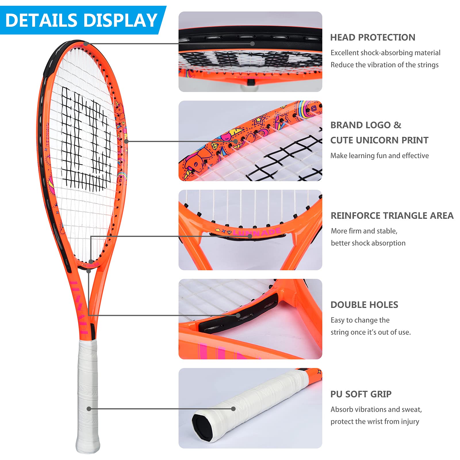 LUNNADE - Raqueta de tenis para niños pequeños, 19/21/23/25 pulgadas con cubierta, adecuada para niños y niñas principiantes de 3 a 12 años