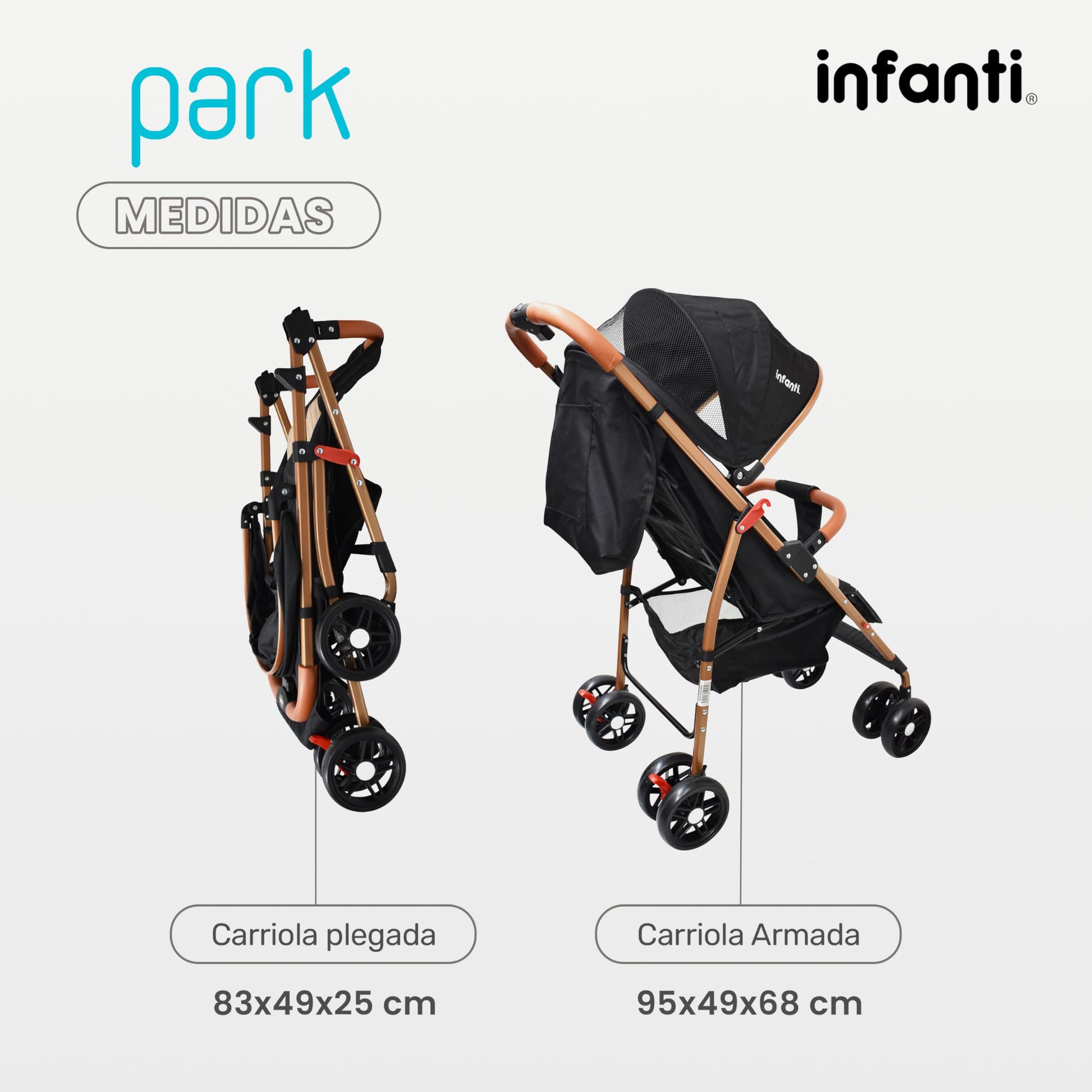 INFANTI | Carriola para Bebe PARK | Carreola con Portabebé - Carriola de Viaje - Carrito para Bebe | Cosas para Bebes 6 Meses hasta 15 kg - Compacta y Plegable | con Barra de Seguridad Desmontable (Negro y Beige)