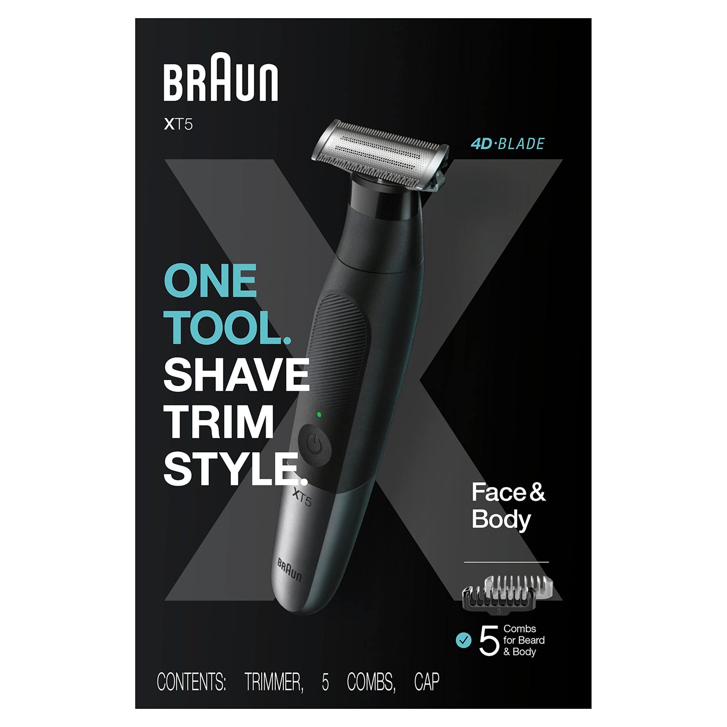 Braun Serie XT5 - Cortadora de barba, afeitadora y maquinilla de afeitar eléctrica para hombres, kit de aseo corporal para manicura, una hoja duradera, una herramienta para barbilla, cabello, ingle, axilas, XT5100