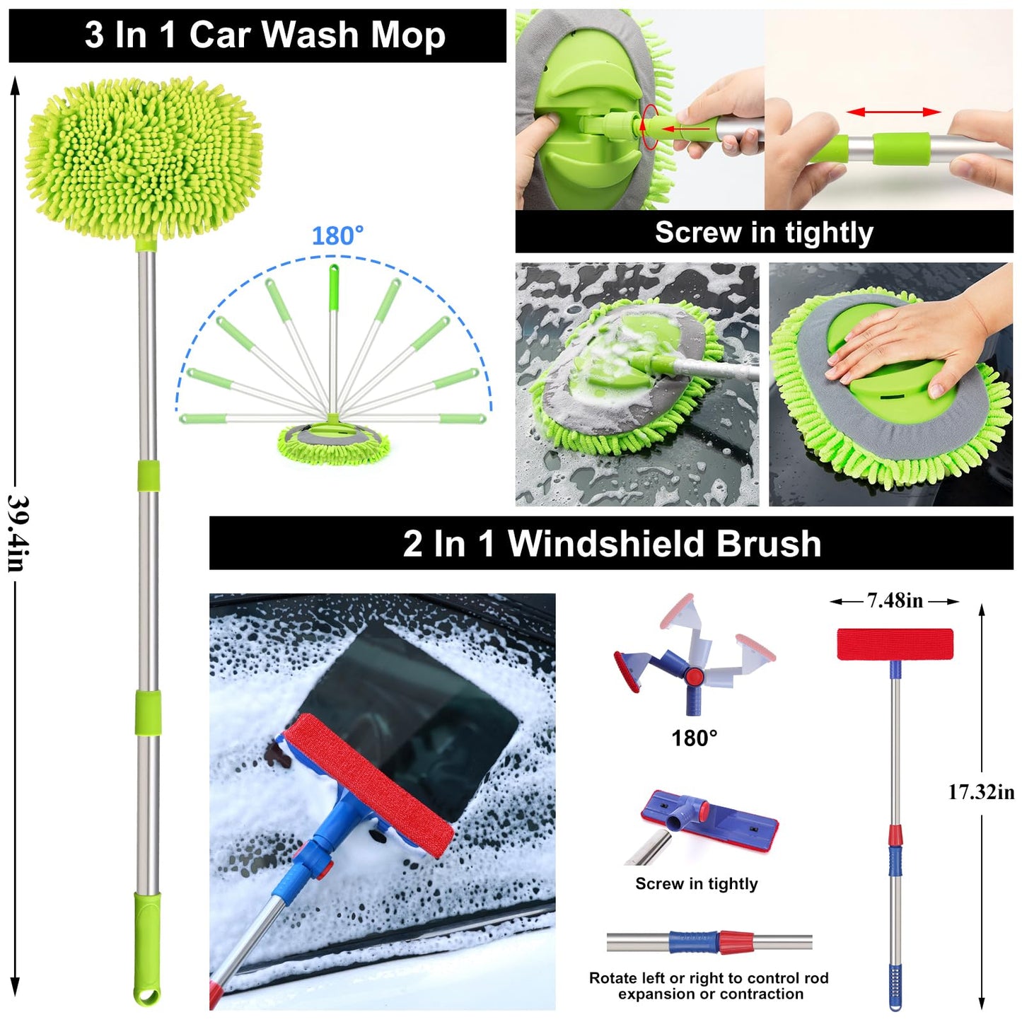 AUTODECO - Juego de limpieza para el lavado de coches con pulverizador de espuma, trapeador con mango largo, cubeta plegable, manopla grande, toallas, 44 piezas, negro