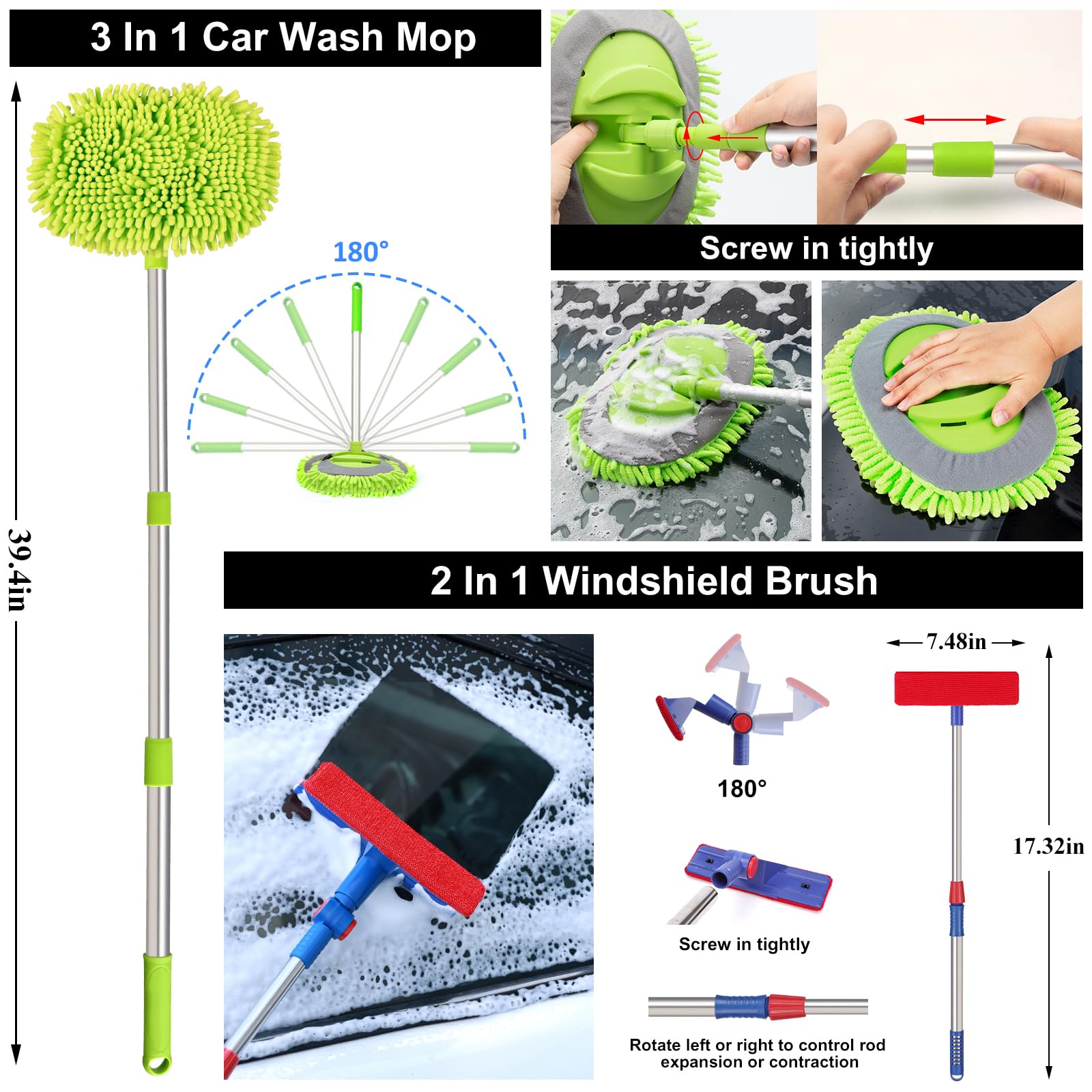AUTODECO - Juego de limpieza para el lavado de coches con pulverizador de espuma, trapeador con mango largo, cubeta plegable, manopla grande, toallas, 44 piezas, negro