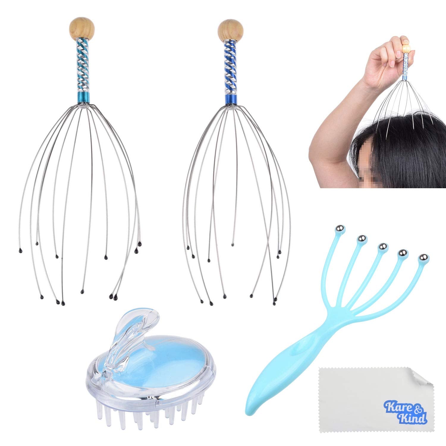 Kit de masaje para cuero cabelludo, 2 rascadores de cuero cabelludo, 1 masajeador de garra de bola de rodillo y 1 cepillo de masaje de champú, relaja y rejuvenece, estimula la circulación sanguínea, mantiene tu cuero cabelludo limpio y saludable