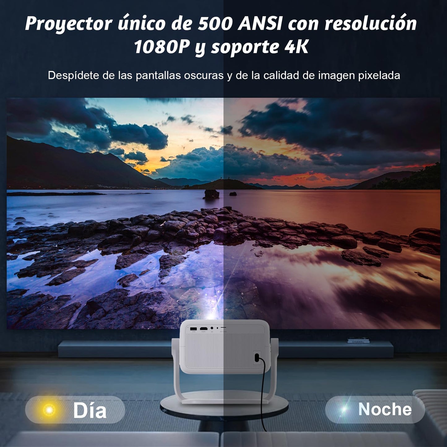 VUEKIME Proyector 4K Portátil Compatible con Netflix – Android 13, Autoenfoque, Keystone Automático | WiFi 6 de Doble Banda, Bluetooth 5.2, 1080P Nativo, 500 ANSI y Sonido 3D HiFi