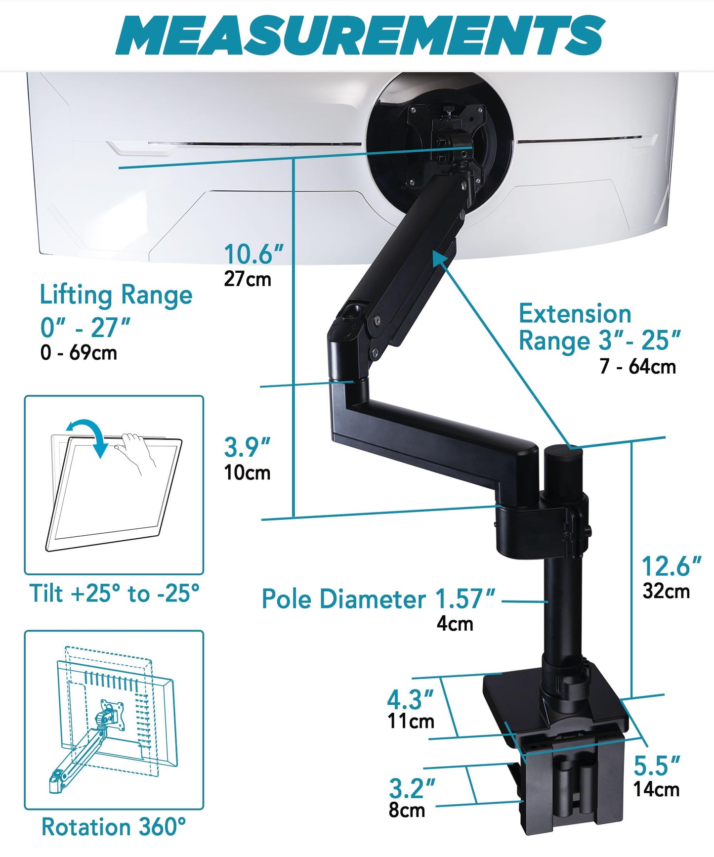 Brazo para Monitor ULTRARM Negro Ajustable Neumáticamente para Monitores Ultrapanorámicos de hasta 57 Pulgadas y 44 Libras